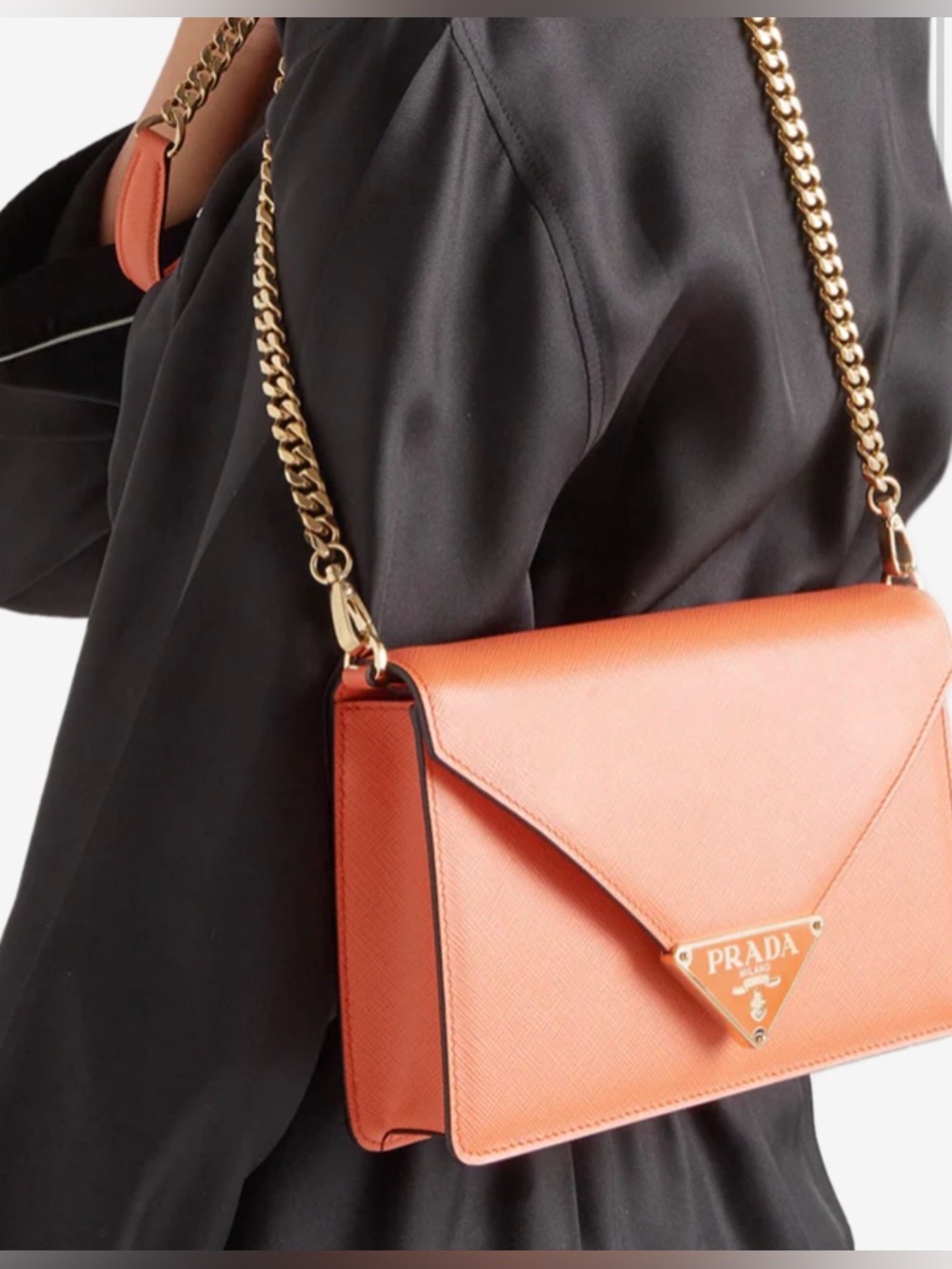 Rare Prada Arancio Saffiano Crossbody with Gold Chain and Logo Plaque